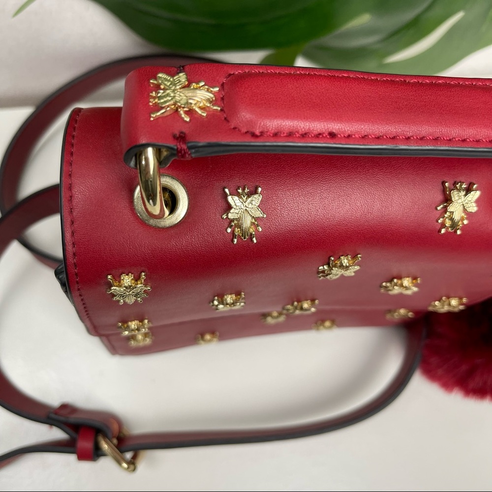 Zara Red Crossbody Bag with Gold Bee Studs and Pom Pom - Picture 3 of 12